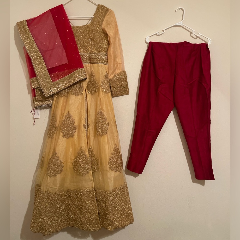 Long anarkali gown gold cream and red